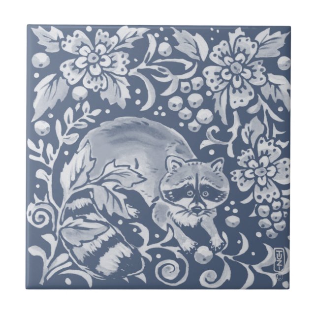 Azulejo Flor de animales de bosque azul Raccoon (Frente)