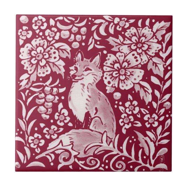 Azulejo Flor de animales del bosque de Burgundy Woodland F (Frente)