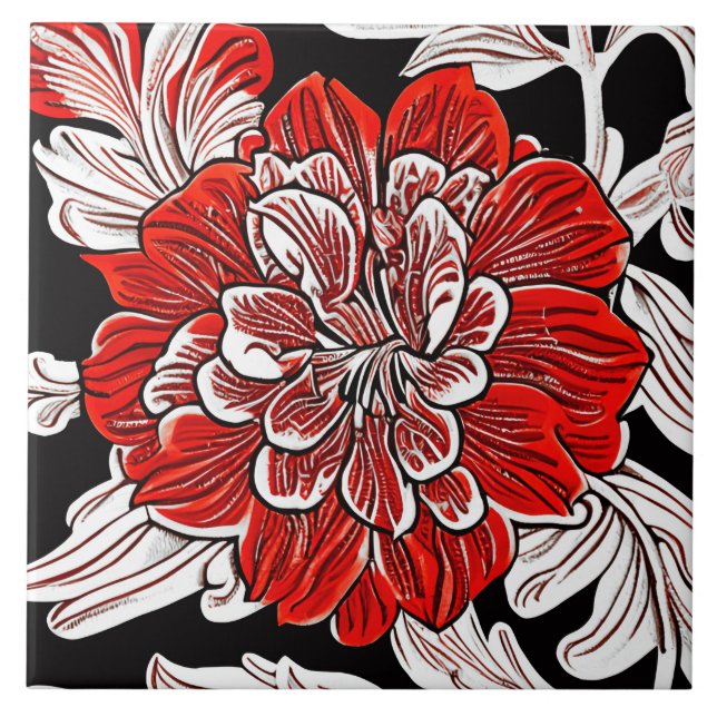 Azulejo Flor de Art Nouveau blanca y negra roja (Frente)