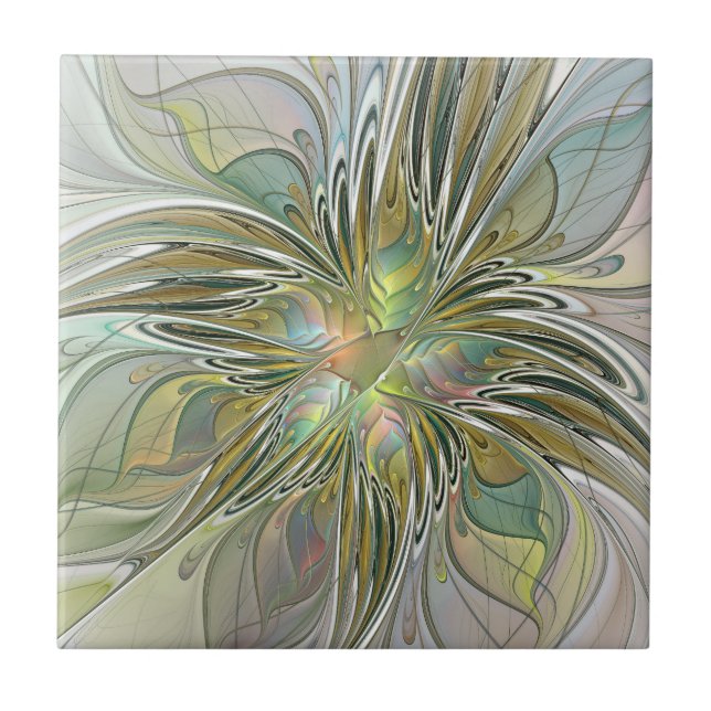 Azulejo Flor De Arte Fractal Moderno Con Oro (Frente)