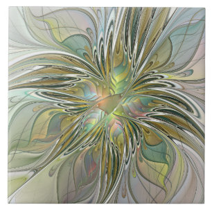 Azulejo Flor De Arte Fractal Moderno Con Oro