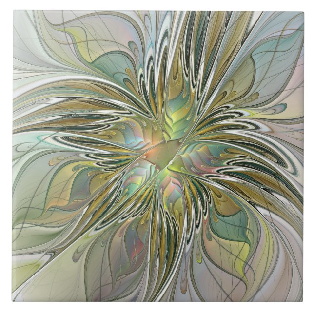 Azulejo Flor De Arte Fractal Moderno Con Oro (Frente)