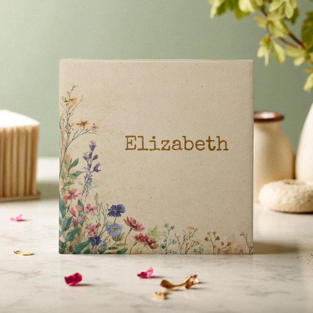 Azulejo Flor de boho rústico de la frontera beige (Beige Border Rustic Boho Wildflower Ceramic Tile)