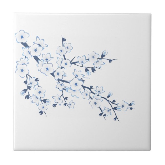 Azulejo Flor de Cerezo Azul Blanco (Frente)