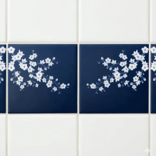 Azulejo Flor de Cerezo Azul Marino Blanco