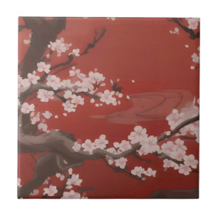 Azulejo Flor de cerezo blanca estilo arte japonés Rojo