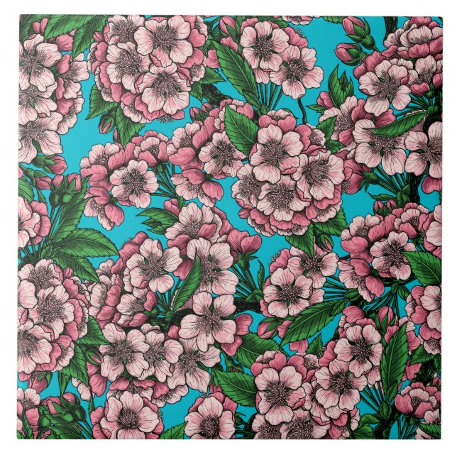 Azulejo Flor de cerezo en azul (Frente)