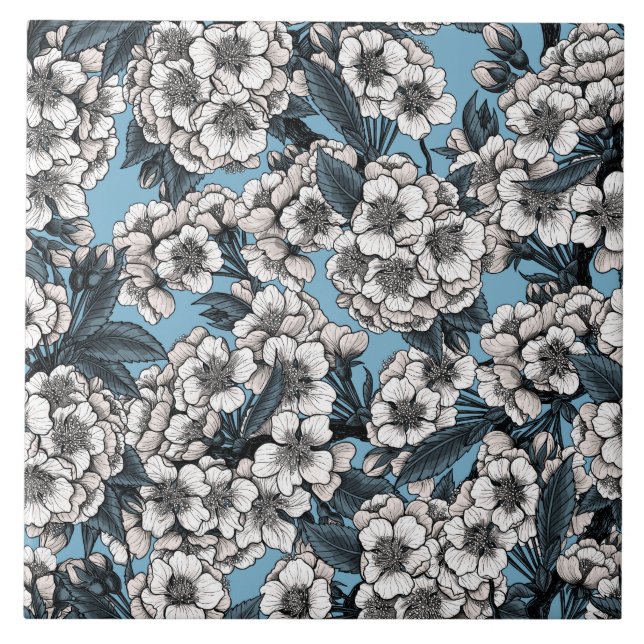 Azulejo Flor de cerezo en blanco y azul (Frente)