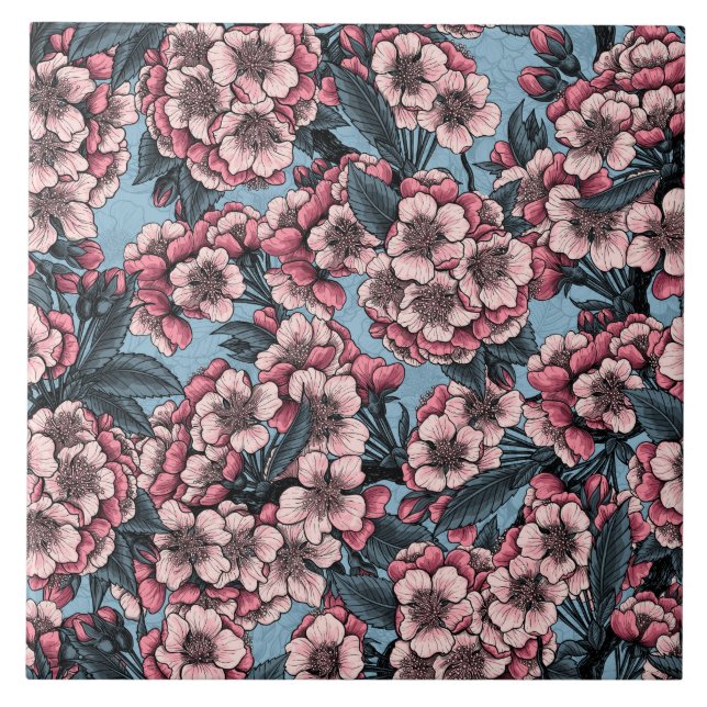 Azulejo Flor de cerezo en rosa y azul (Frente)