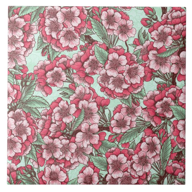 Azulejo Flor de cerezo en rosa y menta (Frente)
