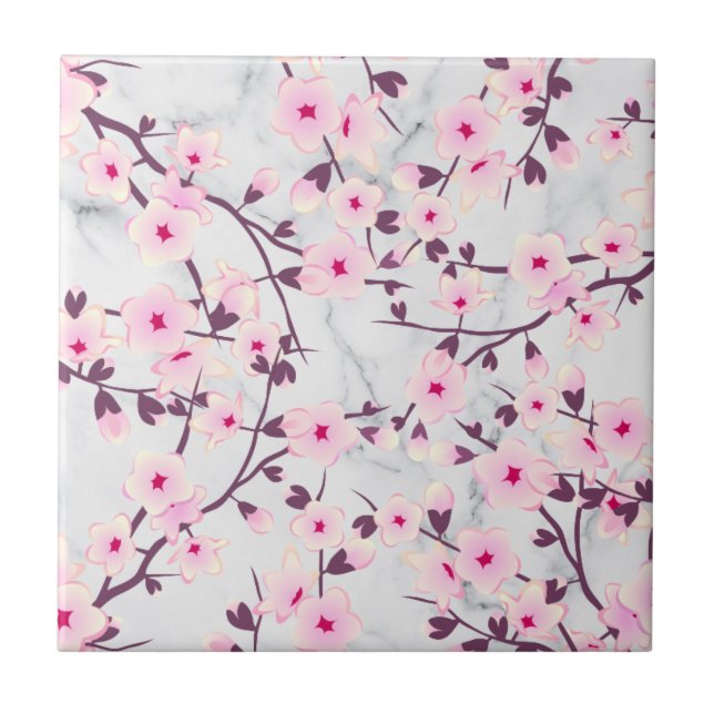 Azulejo Flor de cerezo floral rosa mármol gris claro (Frente)