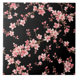 Azulejo Flor de cerezo japonés rosa pálido negro