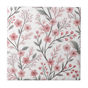Azulejo Flor de Cerezo Rosa Patrón Sakura sobre Blanco