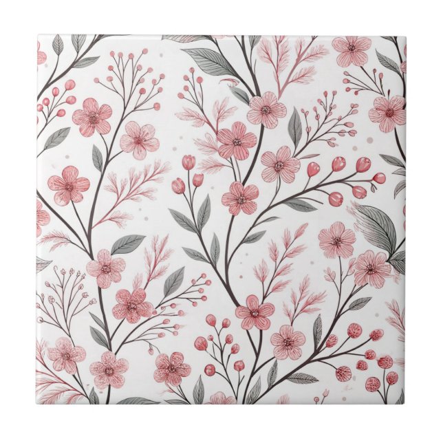 Azulejo Flor de Cerezo Rosa Patrón Sakura sobre Blanco (Frente)