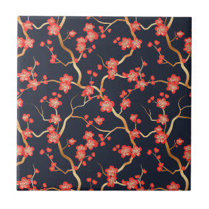 Azulejo Flor de ciruelo carmesí dorado bronce naval floral