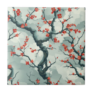 Azulejo Flor de ciruelo roja sobre fondo verde menta con p