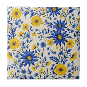 Azulejo Flor De Cornflower Delicada Y Flores Amarillas