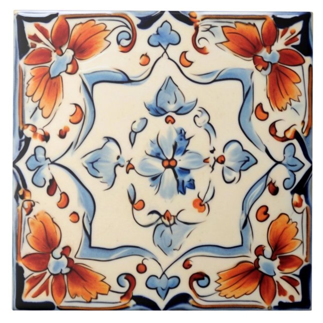 Azulejo Flor de crema azul mediterránea italiana (Frente)