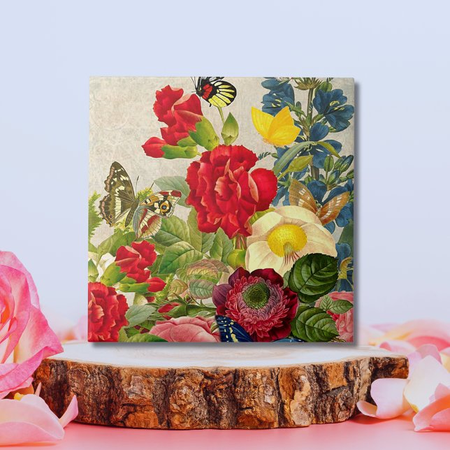Azulejo Flor de época Bouquet con mariposas (Vintage Flower Bouquet with Butterflies Ceramic Large Tile)