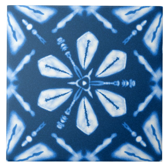 Azulejo Flor de estrella azul de Shibori (Frente)