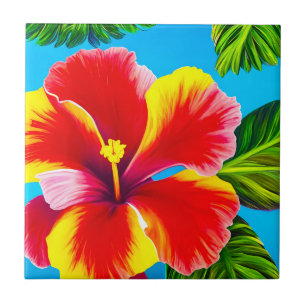 Azulejo Flor de hibisco hawaiano rojo y amarillo