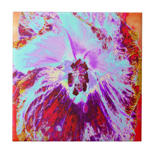 Azulejo Flor de Hibisco Tropical Abstracta Aqua y Púrpura
