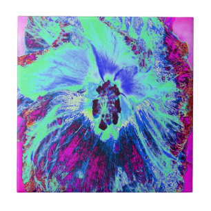 Azulejo Flor de Hibisco Verde y Azul Psicodélico Retro