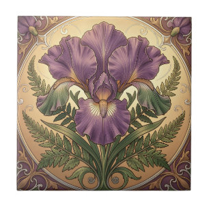 Azulejo Flor de Iris Morado Art Nouveau Marco Ornate
