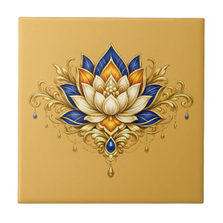 Azulejo Flor de loto azul dorado floral botánico pared