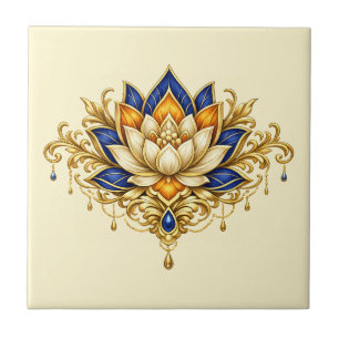 Azulejo Flor de loto azul dorado floral indio pared