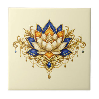 Azulejo Flor de loto azul dorado floral indio pared