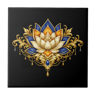 Azulejo Flor de loto azul dorado negro floral indio pared