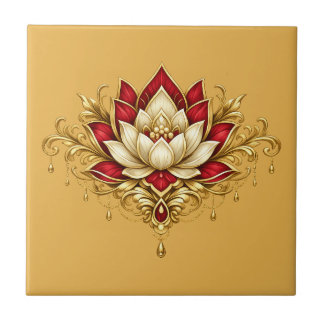 Azulejo Flor de loto borgoña oro floral pared india