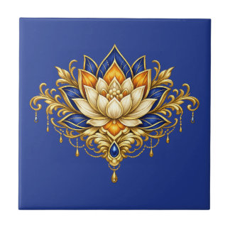 Azulejo Flor de loto cobalto azul dorado floral indio pare