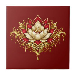 Azulejo Flor de loto marrón dorado burgundy pared floral