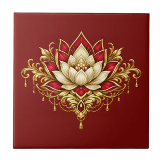 Azulejo Flor de loto marrón dorado burgundy pared floral
