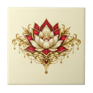 Azulejo Flor de loto marrón dorado floral india pared