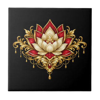 Azulejo Flor de loto marrón dorado negro floral indio pare