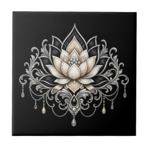 Azulejo Flor de loto negra floral botánica pared plata