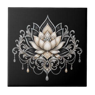 Azulejo Flor de loto negra floral botánica pared plata 
