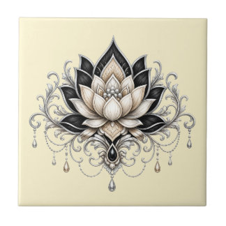 Azulejo Flor de loto negra plata decoración floral india p