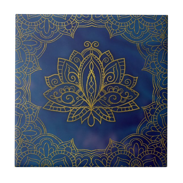 Azulejo Flor de Lotus elegante del oro en azul (Frente)