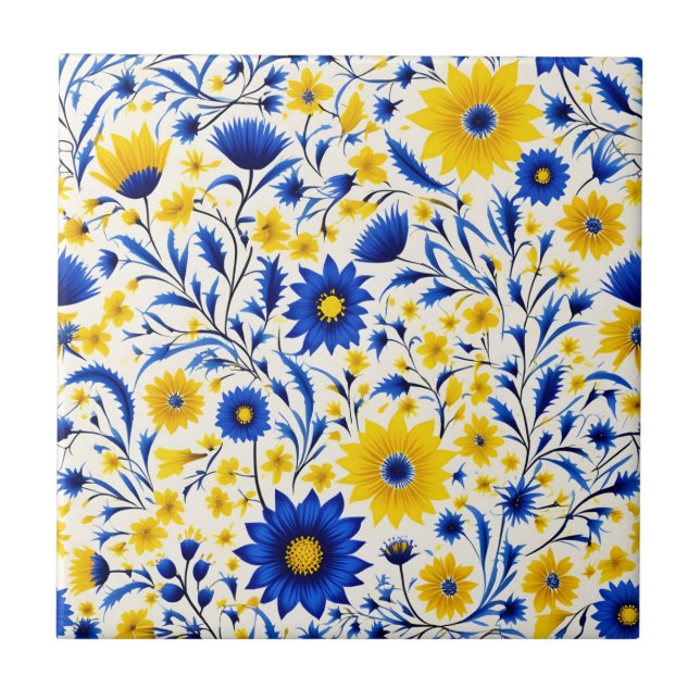 Azulejo Flor de maíz romántica azul y floral amarilla (Frente)
