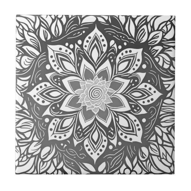 Azulejo Flor de Mandala en blanco y negro (Frente)