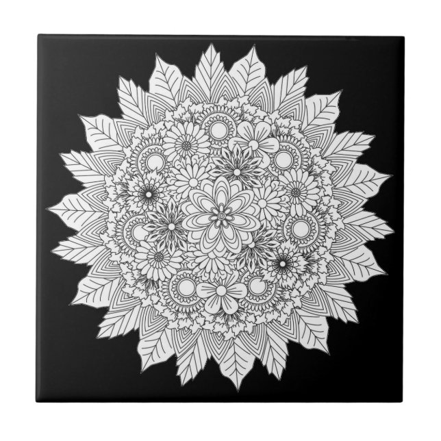 Azulejo Flor de Mandala Tile de cerámica blanca y negra (Frente)