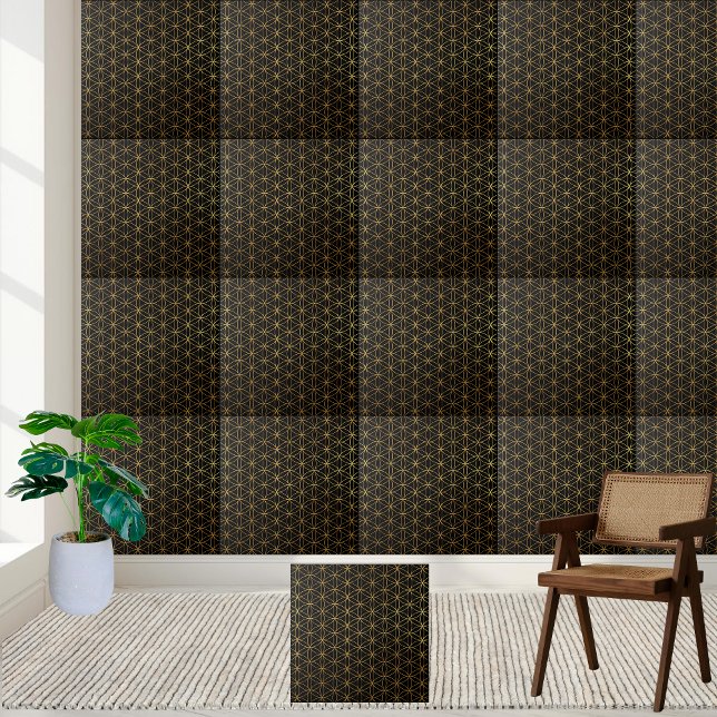 Azulejo Flor de oro profunda negra y deslumbrante en mosai (Deep Black and Shimmering Gold Flower of Life Tile)
