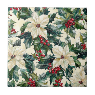 Azulejo Flor de Pascua de Marfil Frutas Rojas Follaje de I