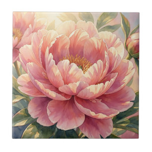 Azulejo Flor de peonía rosa vintage botánica acuarela