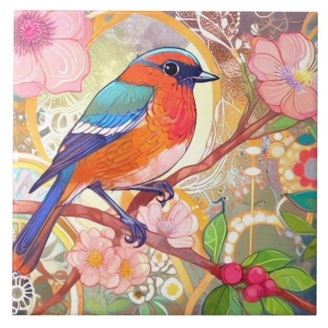 Azulejo Flor de primavera rosada de pájaro naranja (Frente)