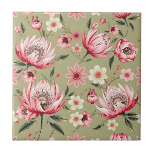 Azulejo Flor de Protea exótica Botánica Verde Salvia Lujo 